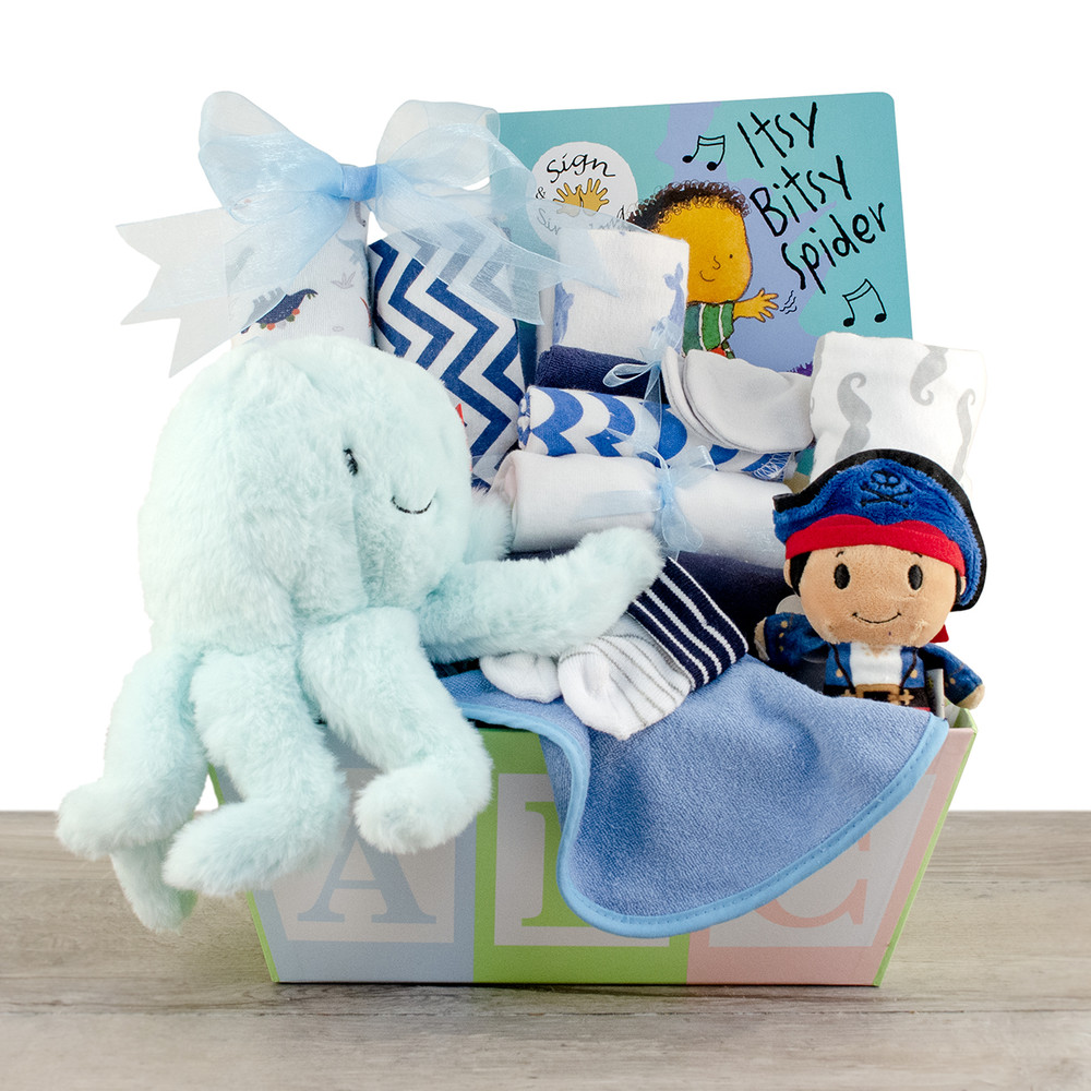 donkey, pirate dolls with napkin, fox socks and sory board books in ABC gift box with ribbon decoration